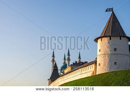 Ancient Fortress With Mosque. Summer Landscape Of The Kazan Kremlin. Sunset With Orange Glow On The 