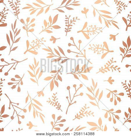 Seamless Vector Background With Abstract Rose Gold Foil Leaves On White. Simple Copper Leaf Metallic