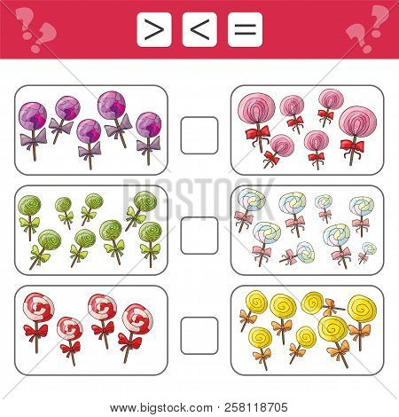 Learning Mathematics, Numbers - Choose More, Less Or Equal. Tasks For Addition For Preschool Childre