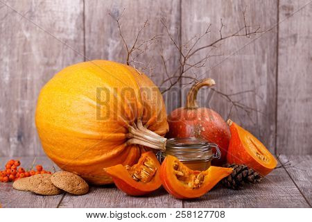 Utumn, Colored Pumpkins And Honey . Halloween Or Thanksgiving Concept