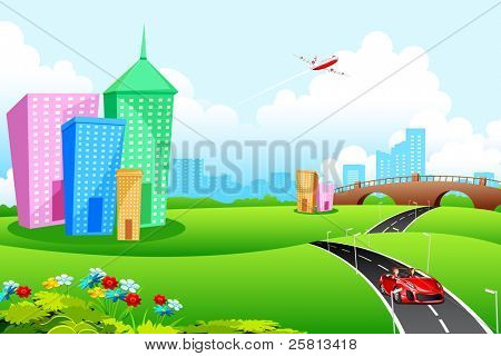 illustration of city landscape with road and tall building