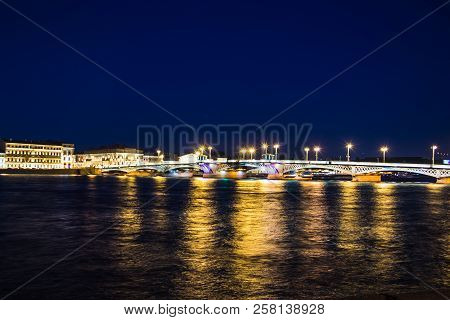Divorce Of Bridges In St. Petersburg. Night City Of Russia. The Neva River