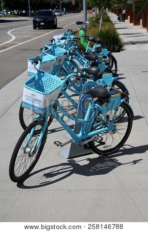 9-10-2018 Long Beach, California: Electric Scooter Drop Zone and Electric Scooters. Electric Scooters have become a hazard and convience in long beach California at the same time.