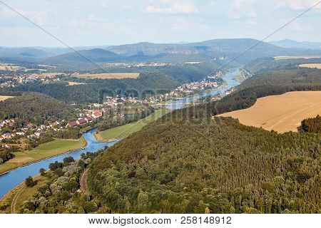 Aerial View Of Beautiful Elbe River, Forest And Bad Schandau Town In Germany