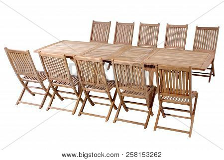 Teak Table Garden Furniture Colection, Teak Garden Furniture Isolated In White Background