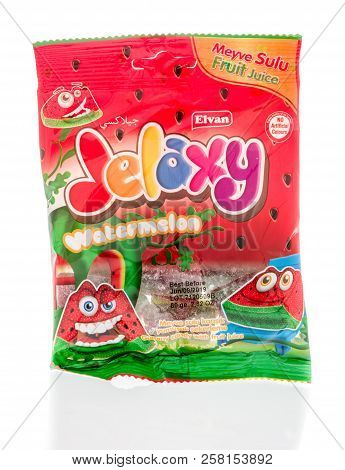 Winneconne, Wi - 31 August 2018: A Package Of Elvan Jelaxy Watermelon Candy From Turkey On An Isolat