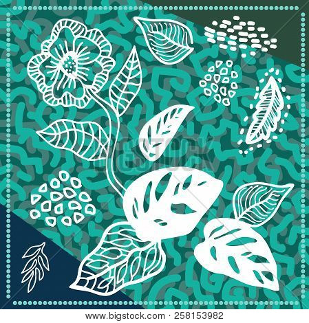 Silk Scarf With Palm Leaves, Leopard Texture And Heometric Shapes. Oriental Textile Collection.