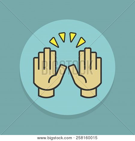Colorful Raising Celebration Hands Icons Label On Teal Blue Background