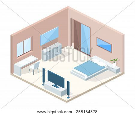 Bedroom Interior In Cross Section Vector Illustration. Modern Hotel Room Minimalistic Comfortable De