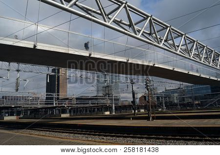 Platform and train view on Oslo central station. Oslo Central Station (Sentralstasjon) is main railway station in Oslo. June 17. 2018. Oslo,Norway