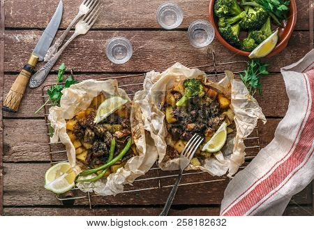 Traditional Greek Kleftiko, An Oven-baked Lamb Stew With Potato, Olive Oil, Onion, Carrot, Garlic An