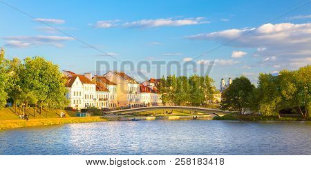 View Of The City Of Minsk At Sunset. Nemiga District. Belarus