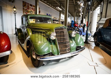Brussels, Belgium - August 25, 2015 - Autoworld Museum, Old Cars Collection Showing The History Of A