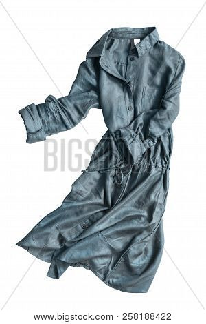 Blue Crumpled Casual Dress With Rulled Up Sleeves On White Background