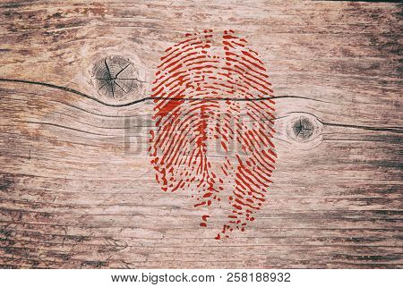 Blood Fingerprint Image On The Wooden Background. Crime Murder Texture.