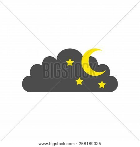Cloudy Night Symbol. Cloud, Half Moon And Stars. Weather Forecast Icon. Vector.