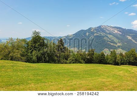 A Summertime View From The Foot Of Mt. Rigi In Switzerland Towards The Town Of Arth. The Rigi Is A P