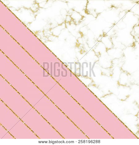 Modern Background With White Marble Texture And Pink And Gold Glitter Lines. Template For Holiday De
