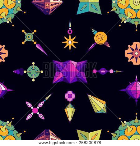 Vector Abstract Elements Seamless Pattern Made With Different Geometric Shapes Constructor. Colored 