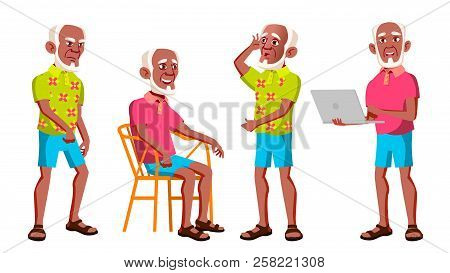 Old Man Poses Set Vector. Black. Afro American. Elderly People. Senior Person. Aged. Active Grandpar
