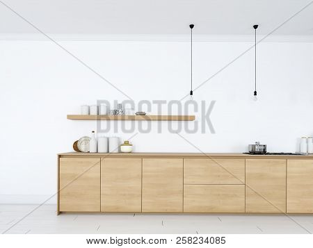 Frontal View Of Modern Nordic Kitchen In Loft Apartment. 3d Rendering