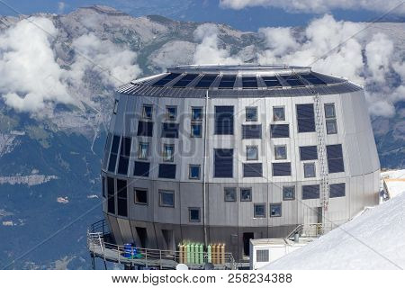 Sunset Panoramic View Of Mont Blanc, Refuge Du Gouter 3835 M, The Popular Starting Point For Attempt