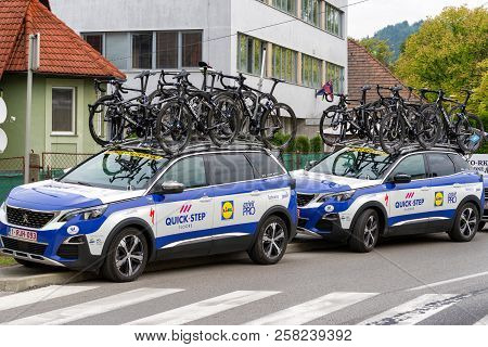 Ruzomberok, Slovakia - September 14: Pro Cycling Team Cars At Second Stage Of Tour De Slovakia On  S