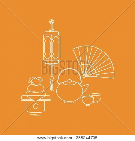 Eastern New Year Symbols. Chinese Lantern, Kettle With Two Cups, Fan, Kagami Mochi. Festive Traditio