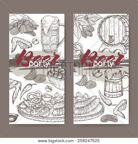 Two Beer Party Labels With Beer Keg, Mug, Chips, Nuts, Chicken Wings, Hop Branch And Snack Plate On 