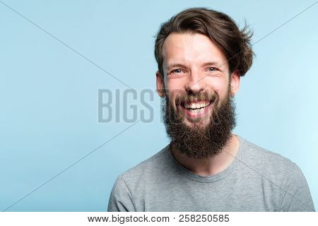 Emotion Expression. Very Happy Joyful Thrilled To Bits Man With Beaming Smile. Young Handsome Bearde