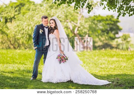 Marriage Concept. Bride And Groom Kissing Outdoor. Newlyweds Couple In Love. Wedding Couple In Love 