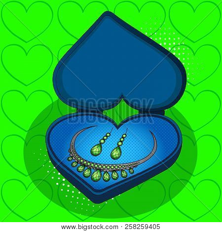 On Blue Gift Box In The Shape Of Heart Pop Art Retro Raster. Imitation Of The Style Of Comics. Jewel