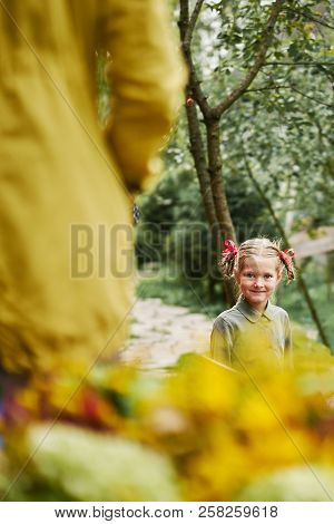 Yellow Smiling Funny Little Girl Green Forest Flowers
