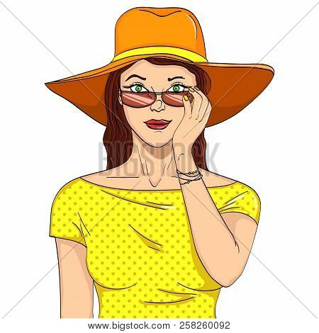 Woman Looks Through Sunglasses. Comic Book Style Imitation. Object On White Background Raster Illust
