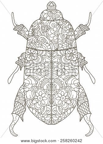 Darkling Beetle. Anti Stress Coloring Book. Raster Object Egyptian Beetle. Black Lines On A White Ba