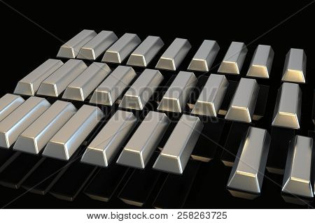Stacked Bars Of Silver Bullion 3d Render On Black.financial Concept