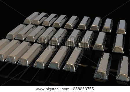 Stacked Bars Of Silver Bullion 3d Render On Black.financial Concept