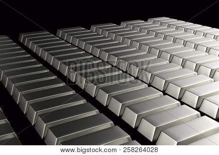 Stacked Bars Of Silver Bullion 3d Render On Black.financial Concept