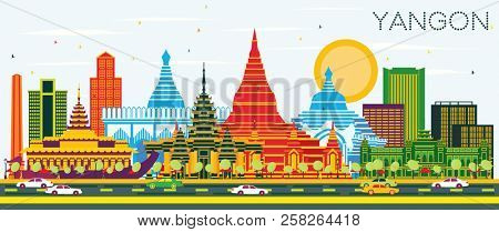 Yangon Myanmar City Skyline with Color Buildings and Blue Sky. Business Travel and Tourism Concept with Historic Architecture. Yangon Cityscape with Landmarks.