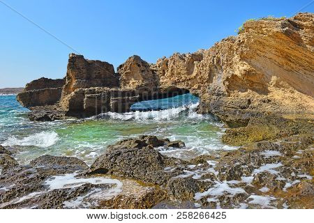 Picturesque Geological Formations On The Nahsholim Beach, The Haifa Area, North Of Israel