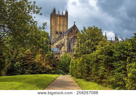 Wells Cathedral (cathedral Church Of Saint Andrew), Wells Abbey And Park On Sunny Day, Somerset, Eng