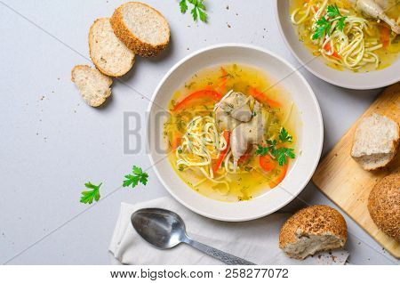 Quail Noodle Soup, Homemade Broth With Noodles And Vegetables Served With Bread Rolls, Zama, Traditi