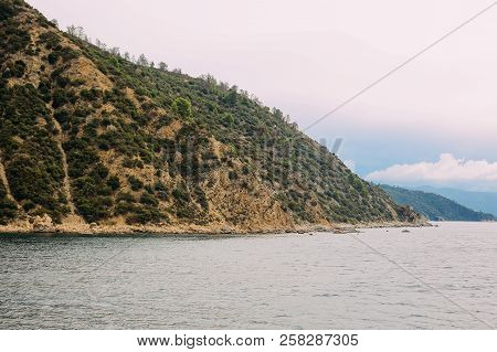 Athos Peninsula, Greece.view From A Ferry. Orthodox Monasteries, Mountains