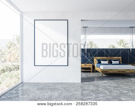 Blue And White Bedroom Interior With A Concrete Floor, A Panoramic Window And Blue Blanket Masterbed