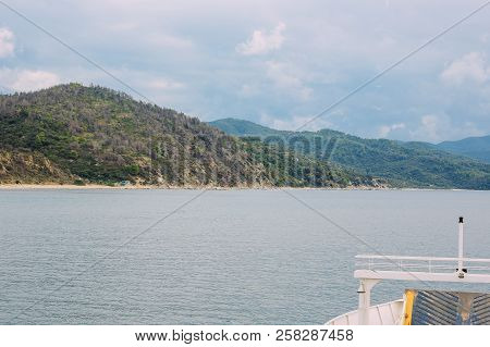 Athos Peninsula, Greece.view From A Ferry. Orthodox Monasteries, Mountains