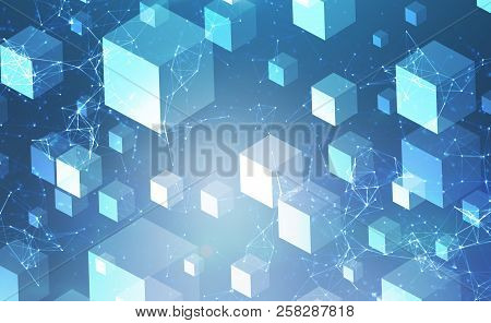 White Cubes Over Blue Background And Polygonal Network Structures Interface. Concept Of Hi Tech And 