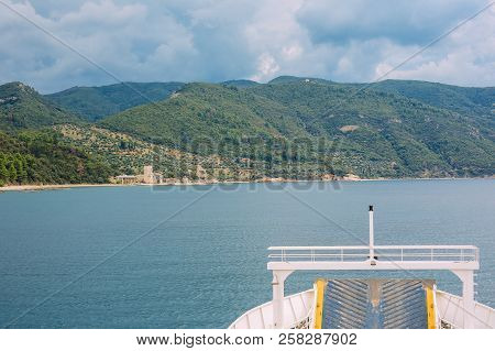 Athos Peninsula, Greece.view From A Ferry. Orthodox Monasteries, Mountains