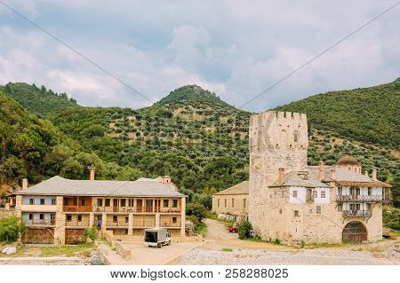 Athos Peninsula, Greece.view From A Ferry. Orthodox Monasteries, Mountains