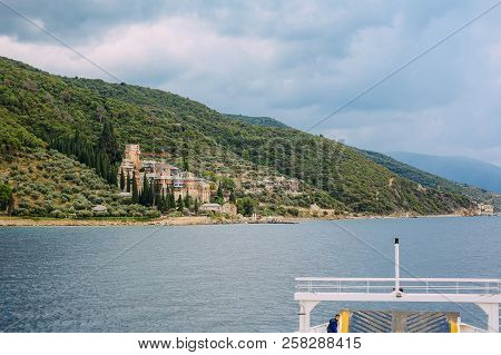 Athos Peninsula, Greece.view From A Ferry. Orthodox Monasteries, Mountains