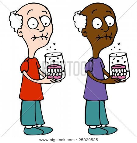 男人清洗他的假牙的图像。